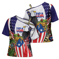 United States Puerto Rico Cross Shoulder Shirt USA Curve Flag With Coqui Drum - Wonder Print Shop