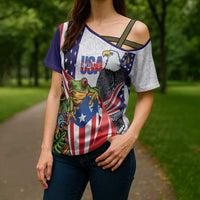 United States Puerto Rico Cross Shoulder Shirt USA Curve Flag With Coqui Drum - Wonder Print Shop