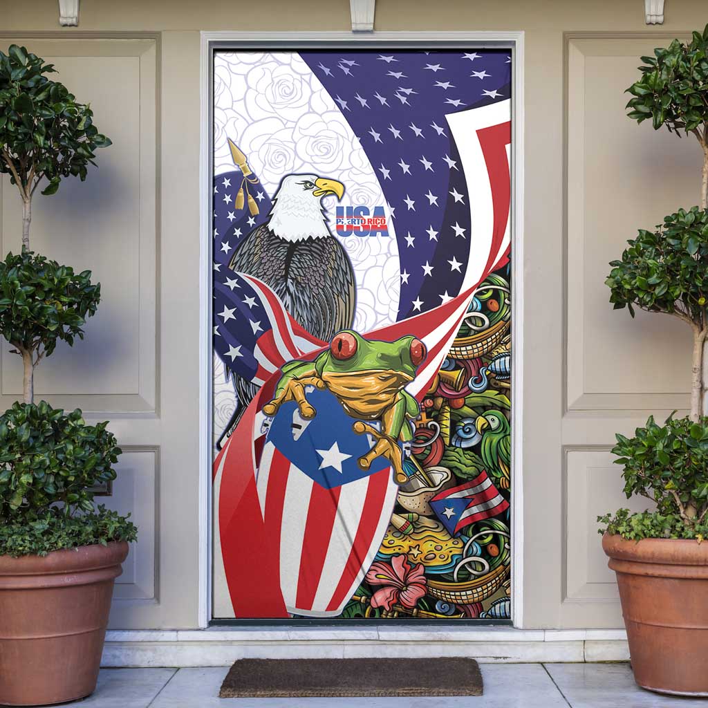 United States Puerto Rico Door Cover USA Curve Flag With Coqui Drum - Wonder Print Shop