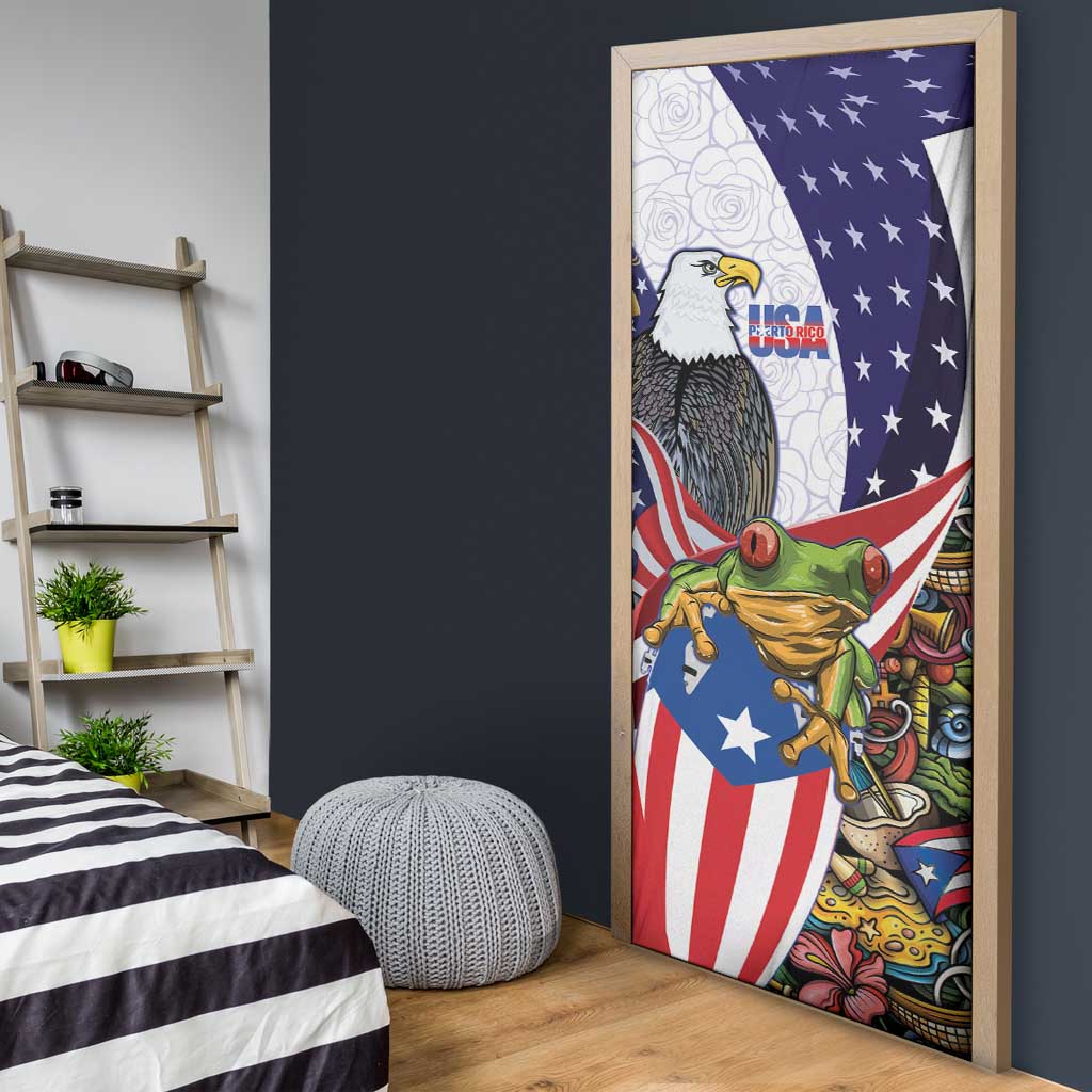 United States Puerto Rico Door Cover USA Curve Flag With Coqui Drum - Wonder Print Shop