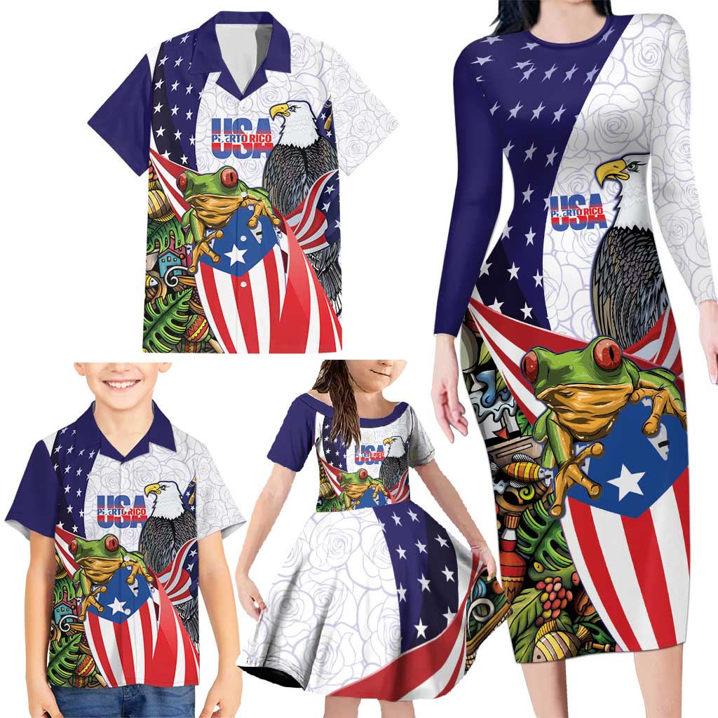 United States Puerto Rico Family Matching Long Sleeve Bodycon Dress and Hawaiian Shirt USA Curve Flag With Coqui Drum - Wonder Print Shop