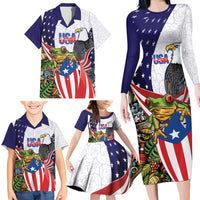 United States Puerto Rico Family Matching Long Sleeve Bodycon Dress and Hawaiian Shirt USA Curve Flag With Coqui Drum - Wonder Print Shop