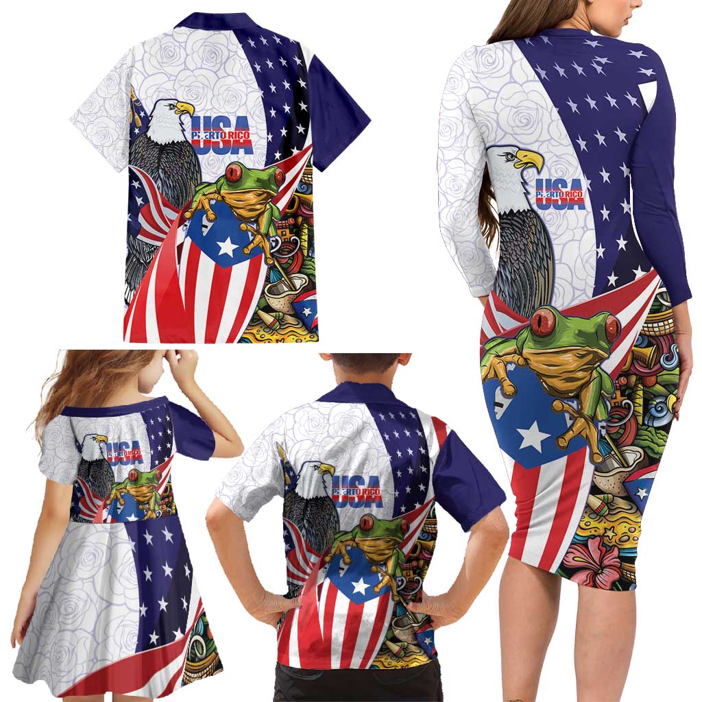 United States Puerto Rico Family Matching Long Sleeve Bodycon Dress and Hawaiian Shirt USA Curve Flag With Coqui Drum - Wonder Print Shop
