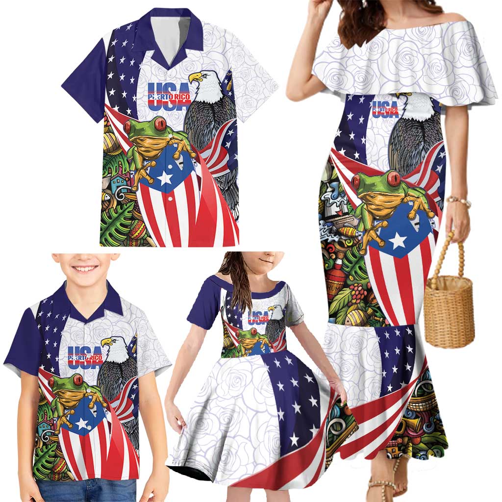 United States Puerto Rico Family Matching Mermaid Dress and Hawaiian Shirt USA Curve Flag With Coqui Drum - Wonder Print Shop