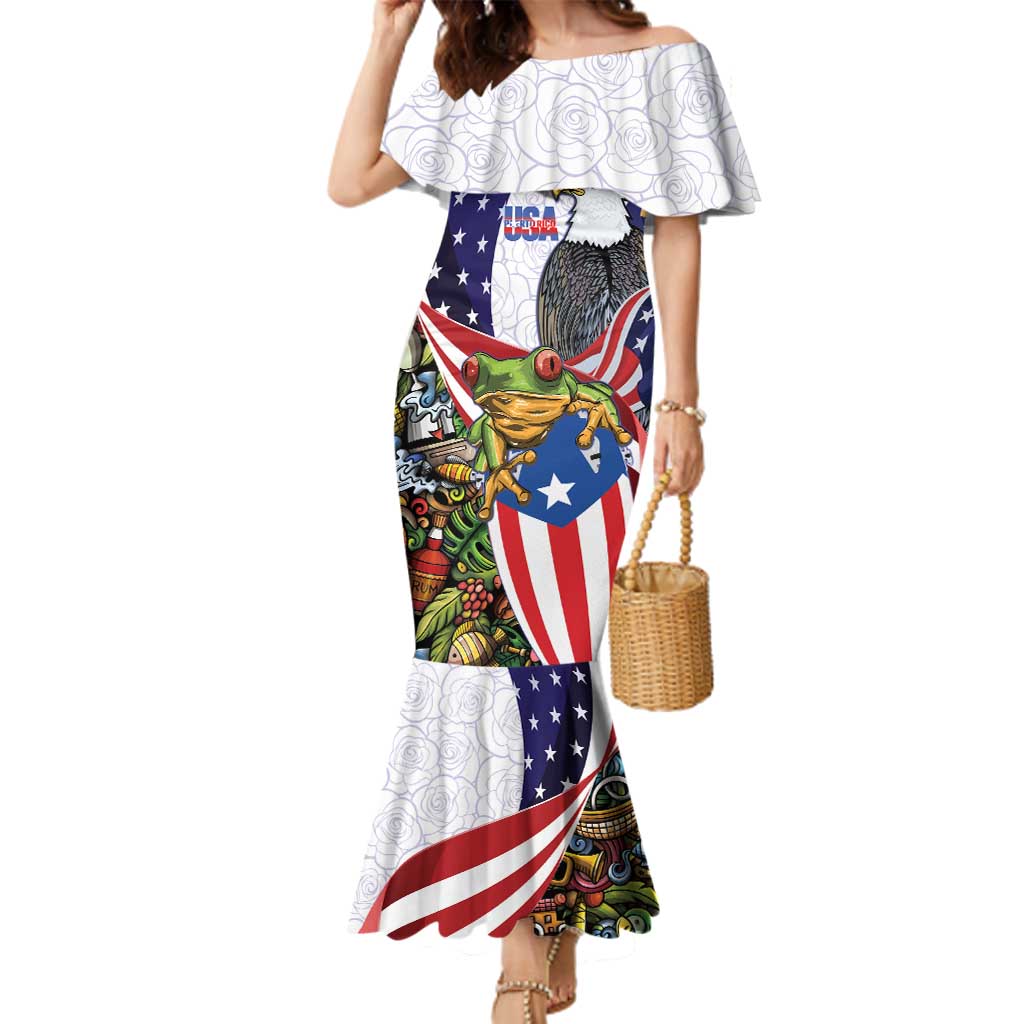 United States Puerto Rico Family Matching Mermaid Dress and Hawaiian Shirt USA Curve Flag With Coqui Drum - Wonder Print Shop