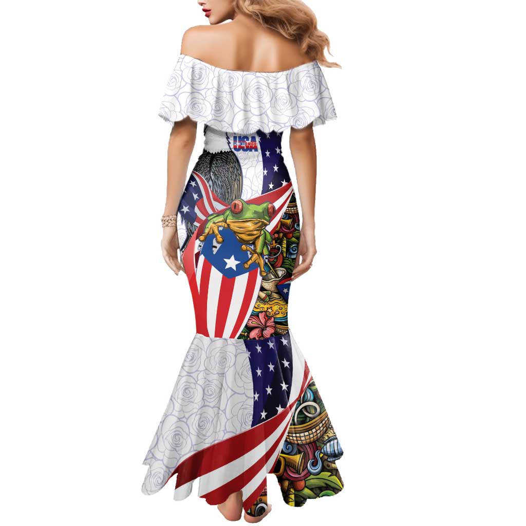 United States Puerto Rico Family Matching Mermaid Dress and Hawaiian Shirt USA Curve Flag With Coqui Drum - Wonder Print Shop