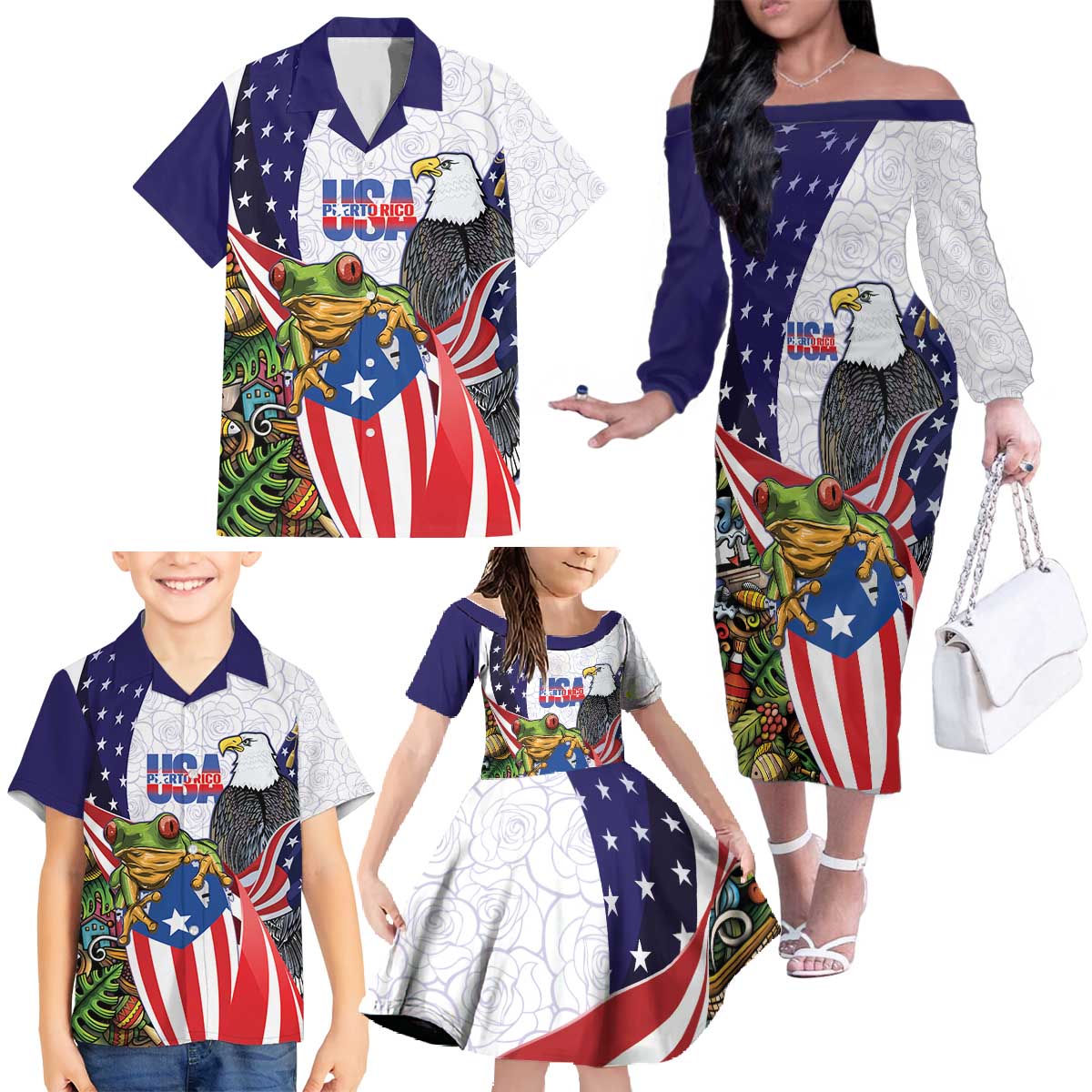 United States Puerto Rico Family Matching Off The Shoulder Long Sleeve Dress and Hawaiian Shirt USA Curve Flag With Coqui Drum - Wonder Print Shop