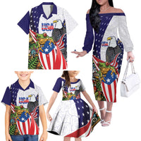 United States Puerto Rico Family Matching Off The Shoulder Long Sleeve Dress and Hawaiian Shirt USA Curve Flag With Coqui Drum - Wonder Print Shop