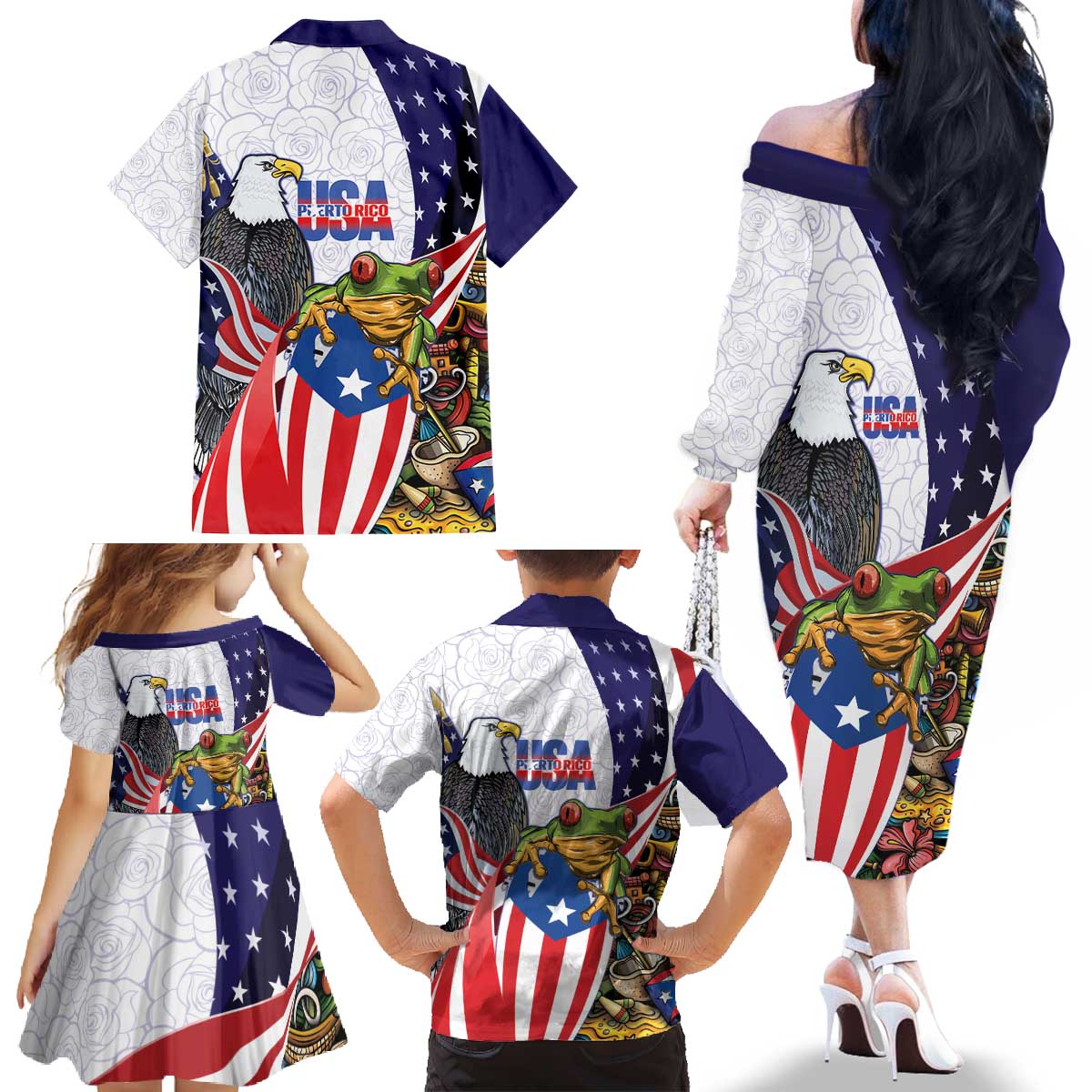 United States Puerto Rico Family Matching Off The Shoulder Long Sleeve Dress and Hawaiian Shirt USA Curve Flag With Coqui Drum - Wonder Print Shop