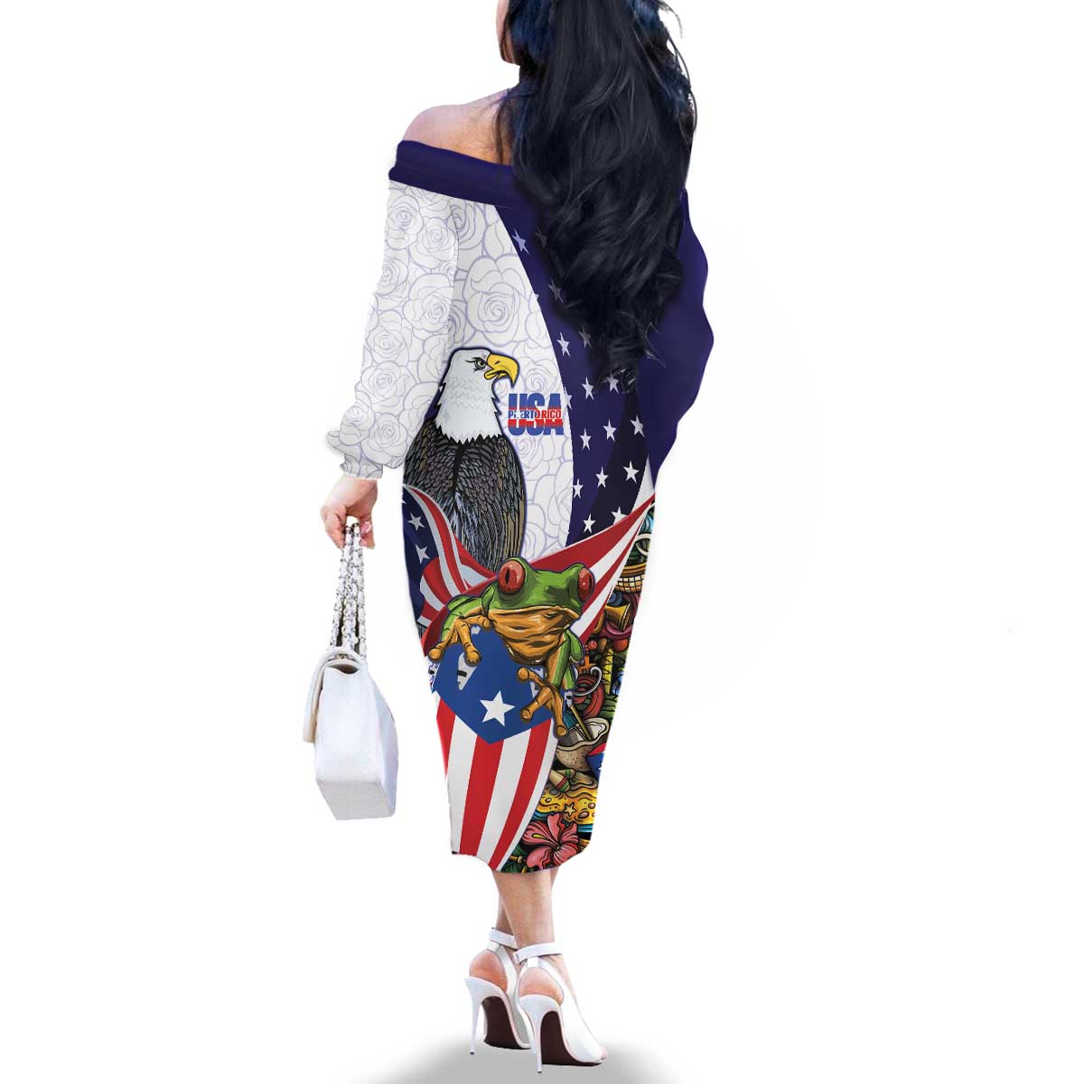 United States Puerto Rico Family Matching Off The Shoulder Long Sleeve Dress and Hawaiian Shirt USA Curve Flag With Coqui Drum - Wonder Print Shop