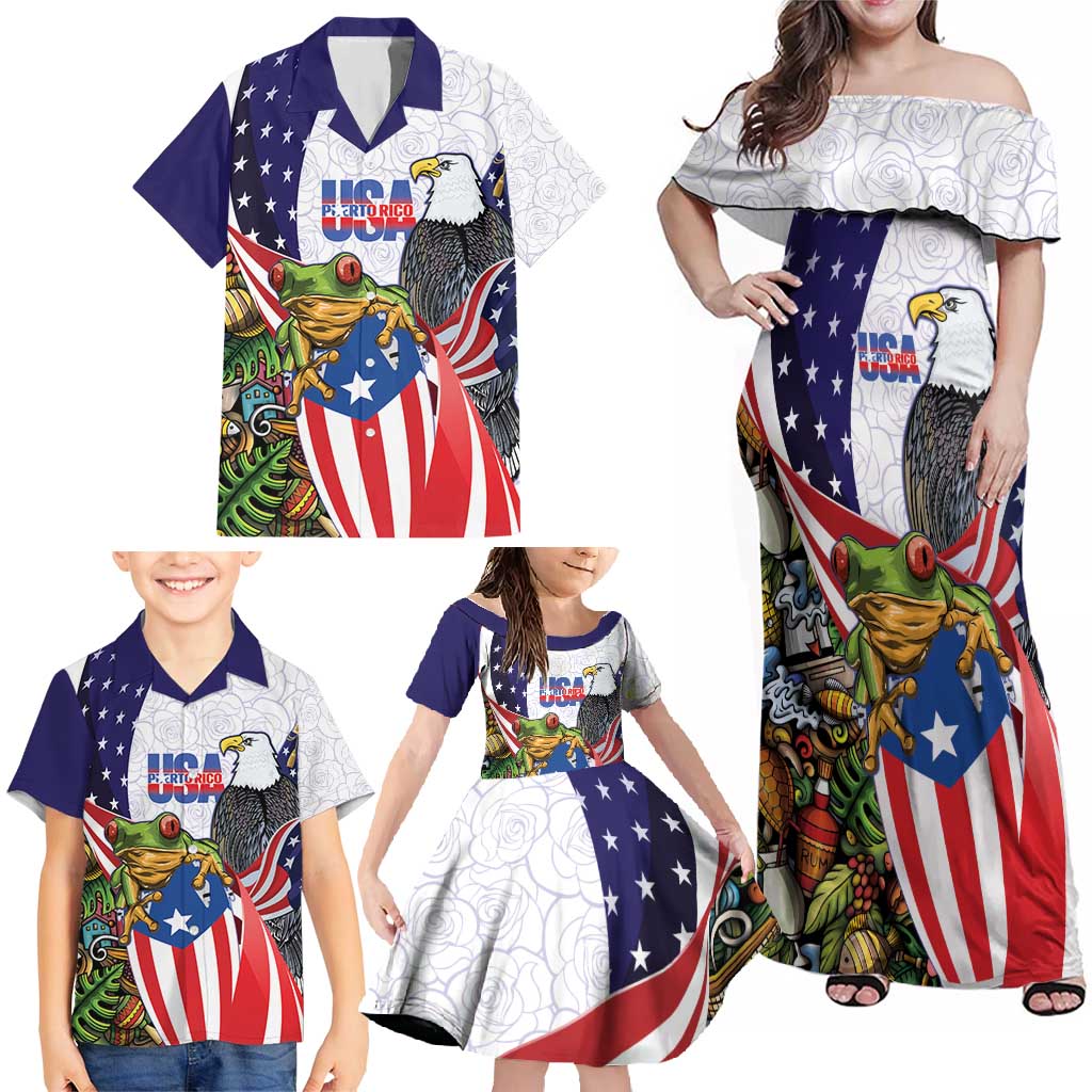 United States Puerto Rico Family Matching Off Shoulder Maxi Dress and Hawaiian Shirt USA Curve Flag With Coqui Drum - Wonder Print Shop