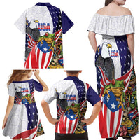 United States Puerto Rico Family Matching Off Shoulder Maxi Dress and Hawaiian Shirt USA Curve Flag With Coqui Drum - Wonder Print Shop