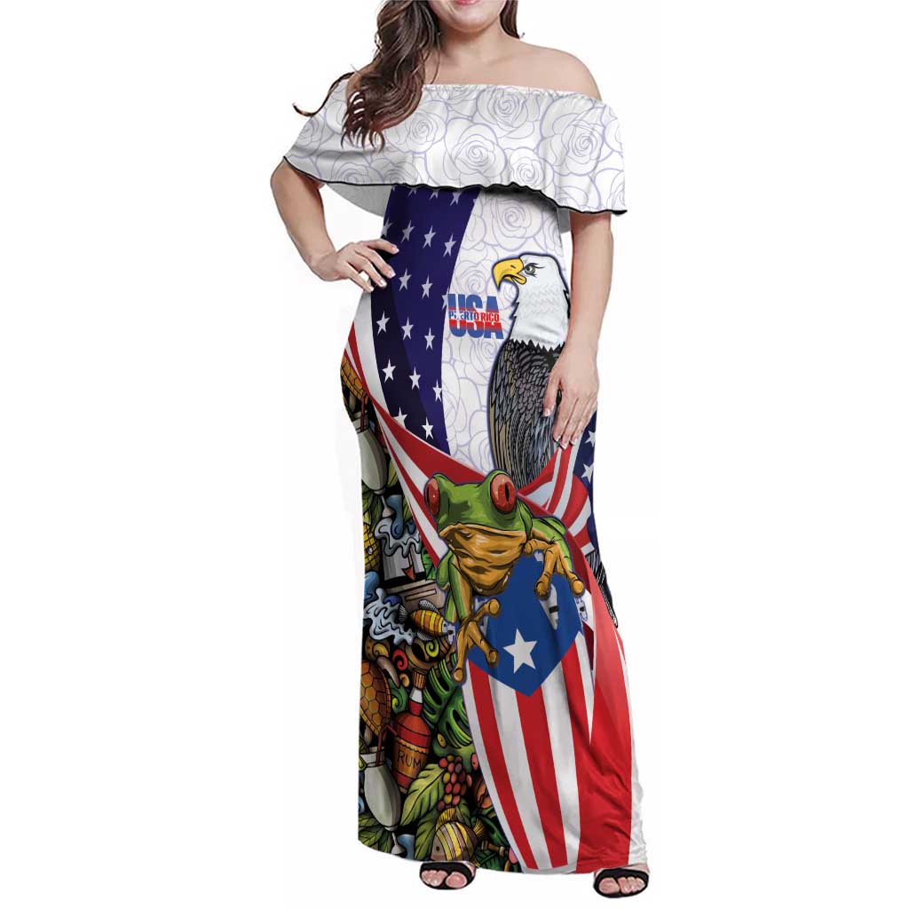 United States Puerto Rico Family Matching Off Shoulder Maxi Dress and Hawaiian Shirt USA Curve Flag With Coqui Drum - Wonder Print Shop
