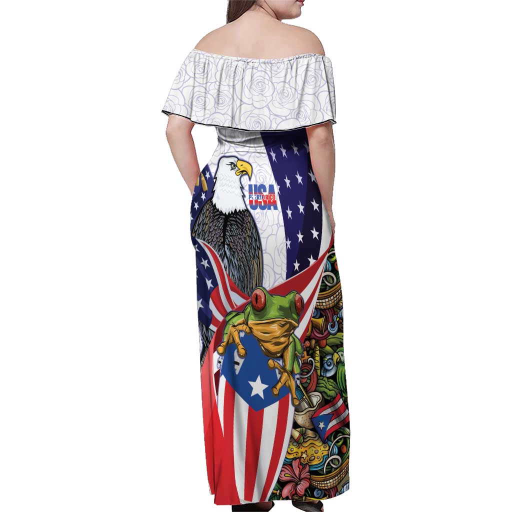 United States Puerto Rico Family Matching Off Shoulder Maxi Dress and Hawaiian Shirt USA Curve Flag With Coqui Drum - Wonder Print Shop