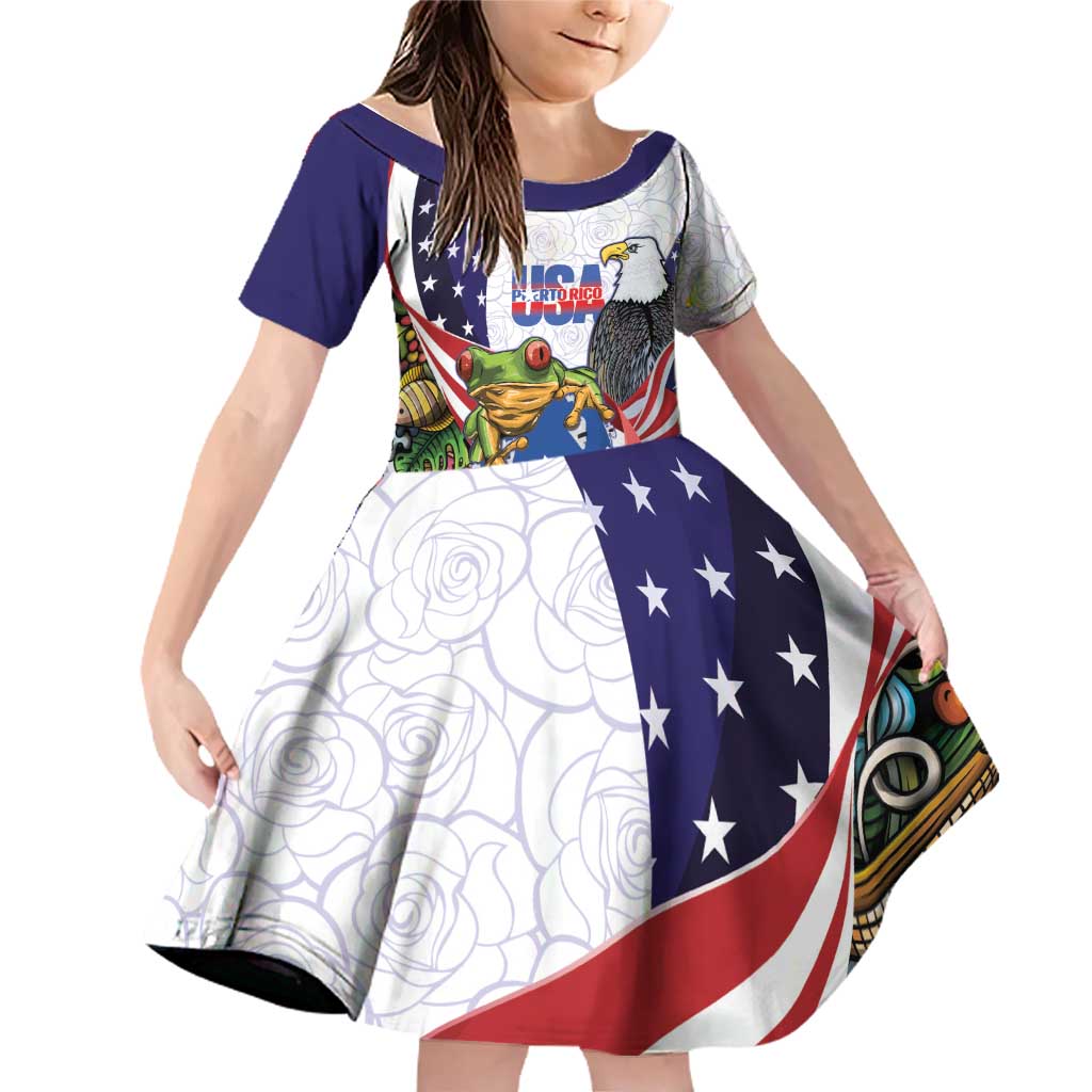 United States Puerto Rico Family Matching Off Shoulder Short Dress and Hawaiian Shirt USA Curve Flag With Coqui Drum - Wonder Print Shop