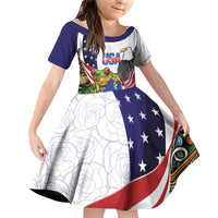 United States Puerto Rico Family Matching Off Shoulder Short Dress and Hawaiian Shirt USA Curve Flag With Coqui Drum - Wonder Print Shop