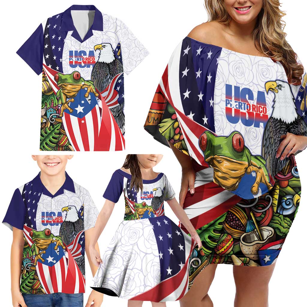 United States Puerto Rico Family Matching Off Shoulder Short Dress and Hawaiian Shirt USA Curve Flag With Coqui Drum - Wonder Print Shop