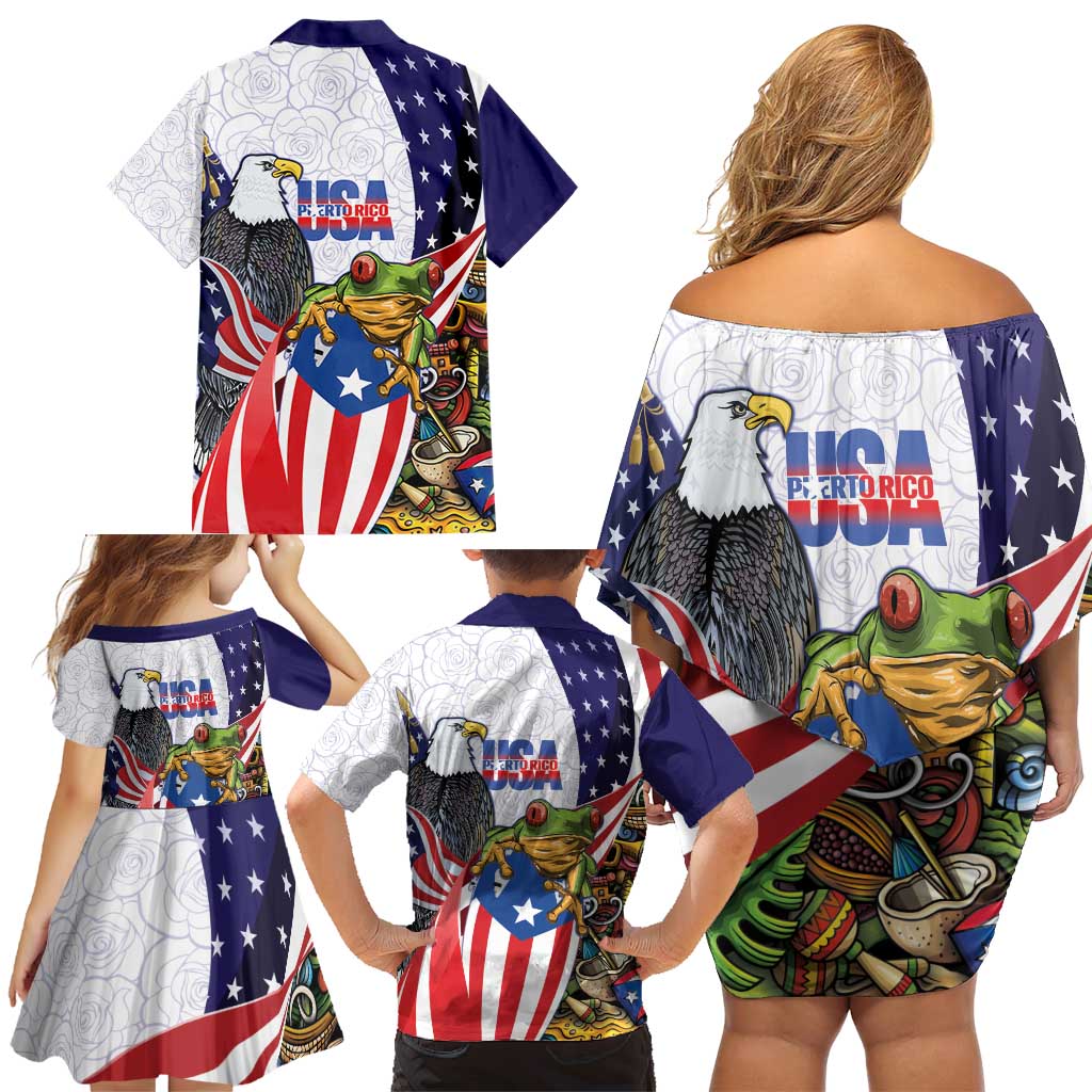 United States Puerto Rico Family Matching Off Shoulder Short Dress and Hawaiian Shirt USA Curve Flag With Coqui Drum - Wonder Print Shop