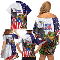 United States Puerto Rico Family Matching Off Shoulder Short Dress and Hawaiian Shirt USA Curve Flag With Coqui Drum - Wonder Print Shop