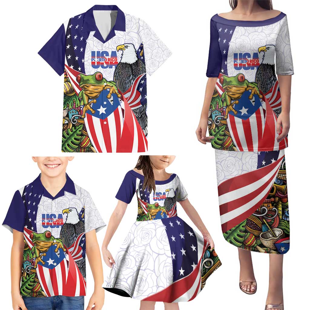 United States Puerto Rico Family Matching Puletasi and Hawaiian Shirt USA Curve Flag With Coqui Drum - Wonder Print Shop