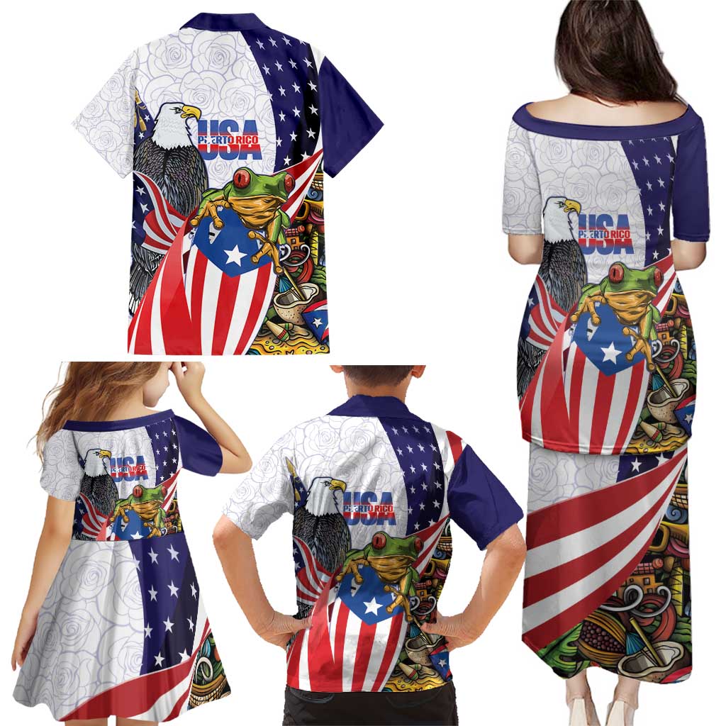 United States Puerto Rico Family Matching Puletasi and Hawaiian Shirt USA Curve Flag With Coqui Drum - Wonder Print Shop