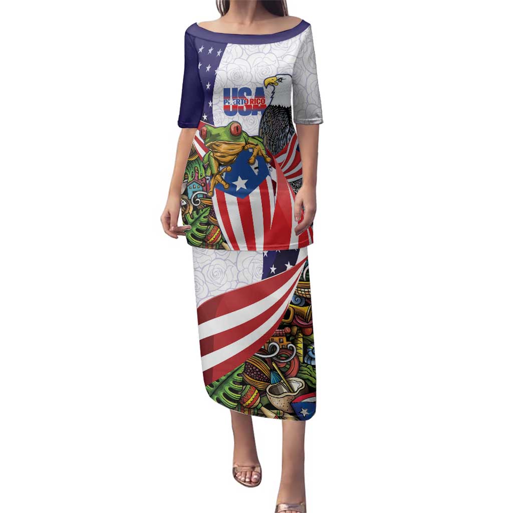 United States Puerto Rico Family Matching Puletasi and Hawaiian Shirt USA Curve Flag With Coqui Drum - Wonder Print Shop