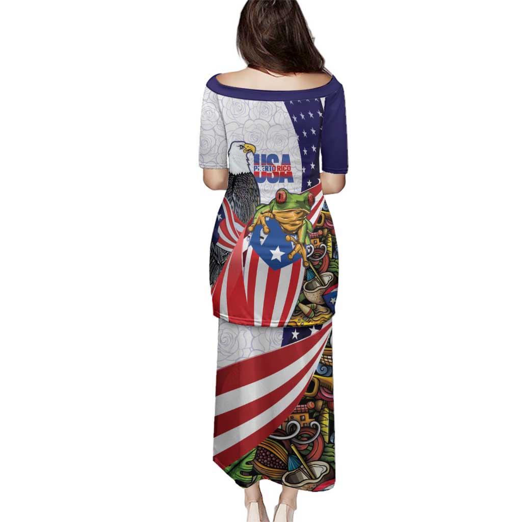United States Puerto Rico Family Matching Puletasi and Hawaiian Shirt USA Curve Flag With Coqui Drum - Wonder Print Shop