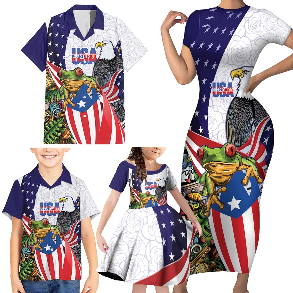 United States Puerto Rico Family Matching Short Sleeve Bodycon Dress and Hawaiian Shirt USA Curve Flag With Coqui Drum - Wonder Print Shop