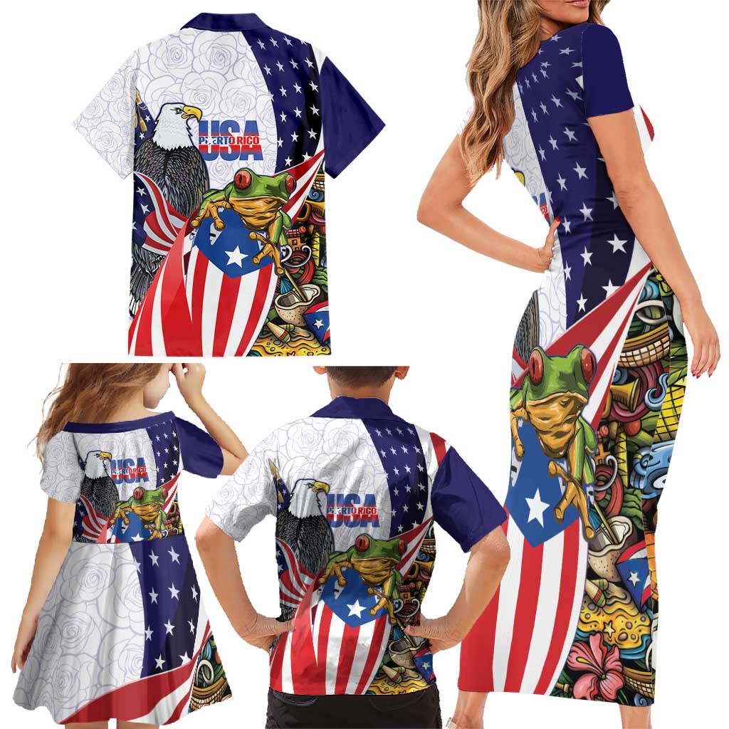 United States Puerto Rico Family Matching Short Sleeve Bodycon Dress and Hawaiian Shirt USA Curve Flag With Coqui Drum - Wonder Print Shop