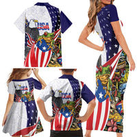 United States Puerto Rico Family Matching Short Sleeve Bodycon Dress and Hawaiian Shirt USA Curve Flag With Coqui Drum - Wonder Print Shop