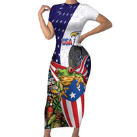 United States Puerto Rico Family Matching Short Sleeve Bodycon Dress and Hawaiian Shirt USA Curve Flag With Coqui Drum - Wonder Print Shop