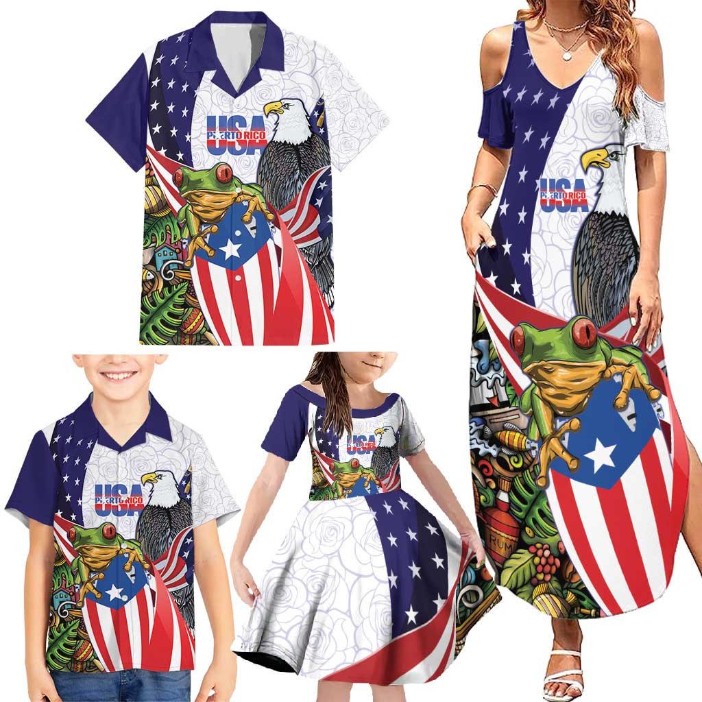 United States Puerto Rico Family Matching Summer Maxi Dress and Hawaiian Shirt USA Curve Flag With Coqui Drum - Wonder Print Shop