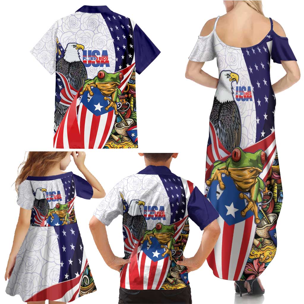 United States Puerto Rico Family Matching Summer Maxi Dress and Hawaiian Shirt USA Curve Flag With Coqui Drum - Wonder Print Shop