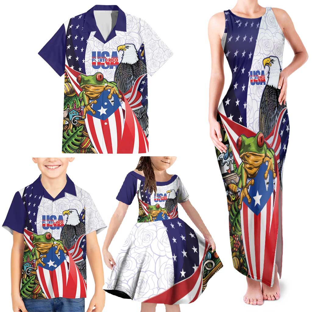 United States Puerto Rico Family Matching Tank Maxi Dress and Hawaiian Shirt USA Curve Flag With Coqui Drum - Wonder Print Shop