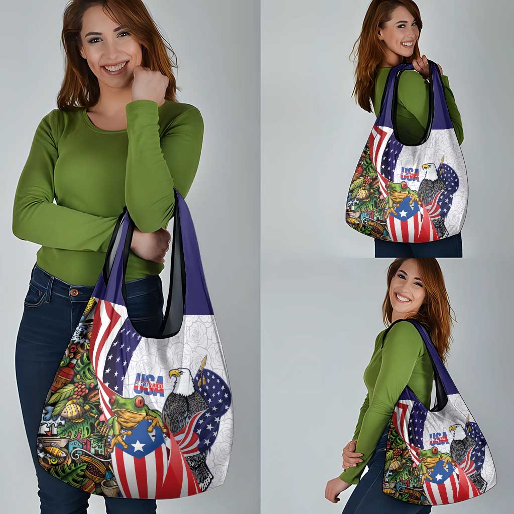 United States Puerto Rico Grocery Bag USA Curve Flag With Coqui Drum - Wonder Print Shop