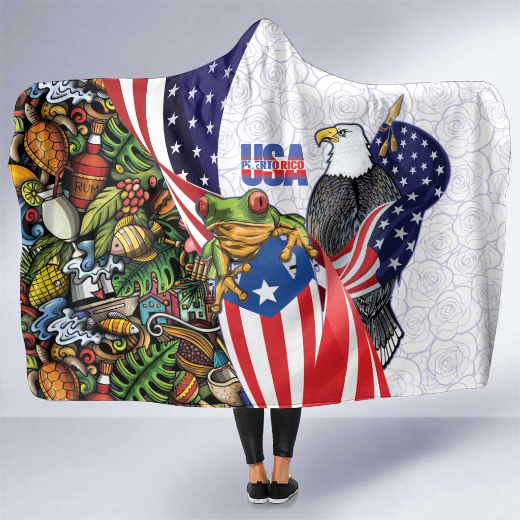 United States Puerto Rico Hooded Blanket USA Curve Flag With Coqui Drum - Wonder Print Shop