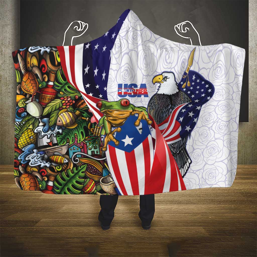 United States Puerto Rico Hooded Blanket USA Curve Flag With Coqui Drum - Wonder Print Shop