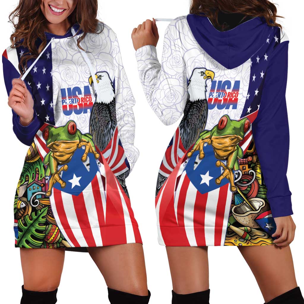 United States Puerto Rico Hoodie Dress USA Curve Flag With Coqui Drum - Wonder Print Shop