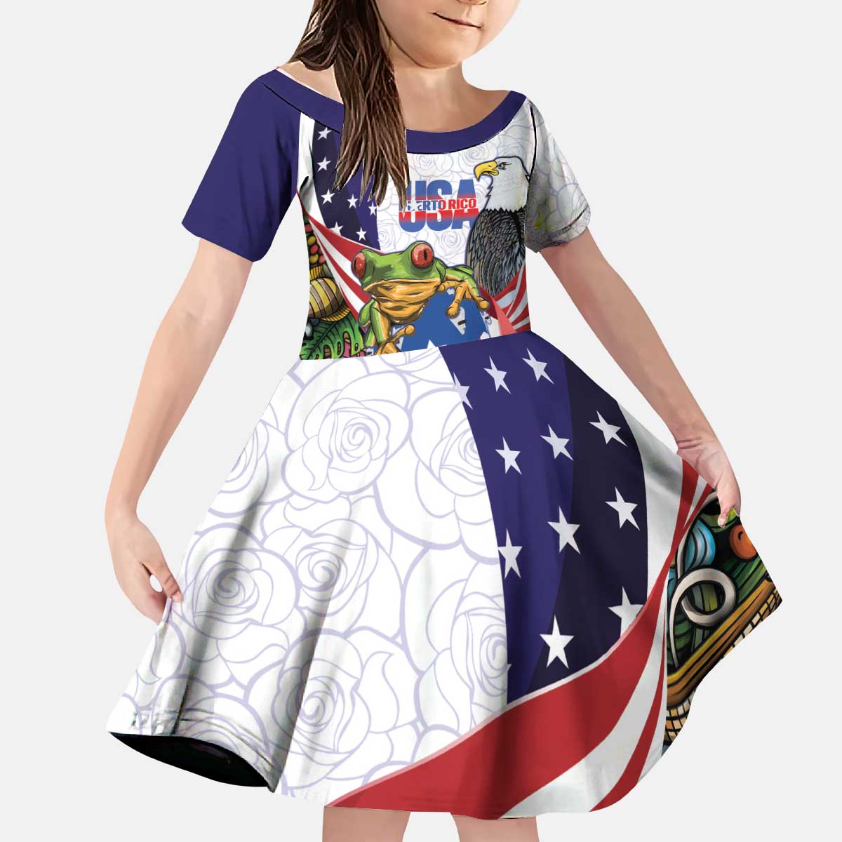 United States Puerto Rico Kid Short Sleeve Dress USA Curve Flag With Coqui Drum - Wonder Print Shop