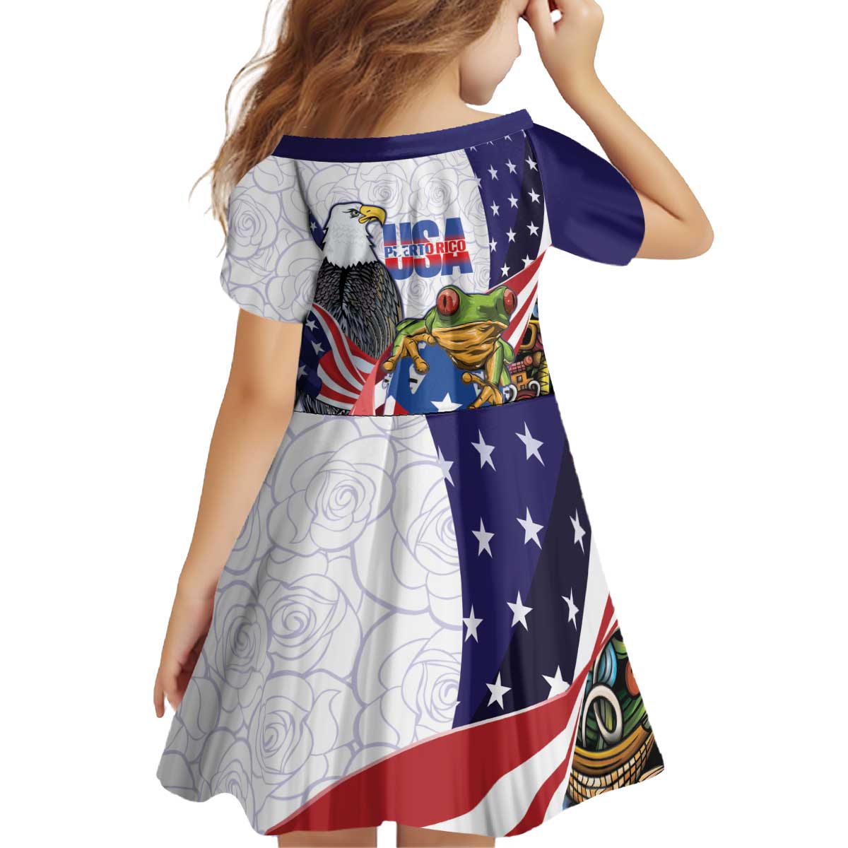 United States Puerto Rico Kid Short Sleeve Dress USA Curve Flag With Coqui Drum - Wonder Print Shop