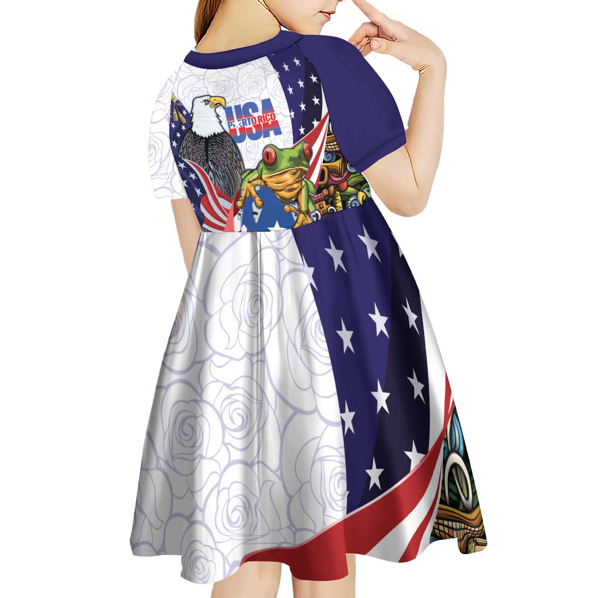 United States Puerto Rico Kid Short Sleeve Dress USA Curve Flag With Coqui Drum - Wonder Print Shop