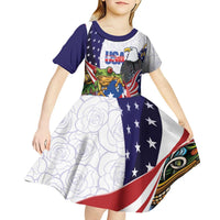 United States Puerto Rico Kid Short Sleeve Dress USA Curve Flag With Coqui Drum - Wonder Print Shop