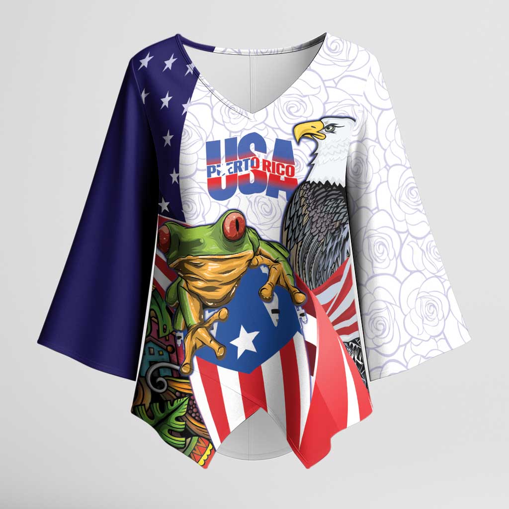 United States Puerto Rico Kimono Sleeve Blouse USA Curve Flag With Coqui Drum - Wonder Print Shop