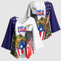 United States Puerto Rico Kimono Sleeve Blouse USA Curve Flag With Coqui Drum - Wonder Print Shop