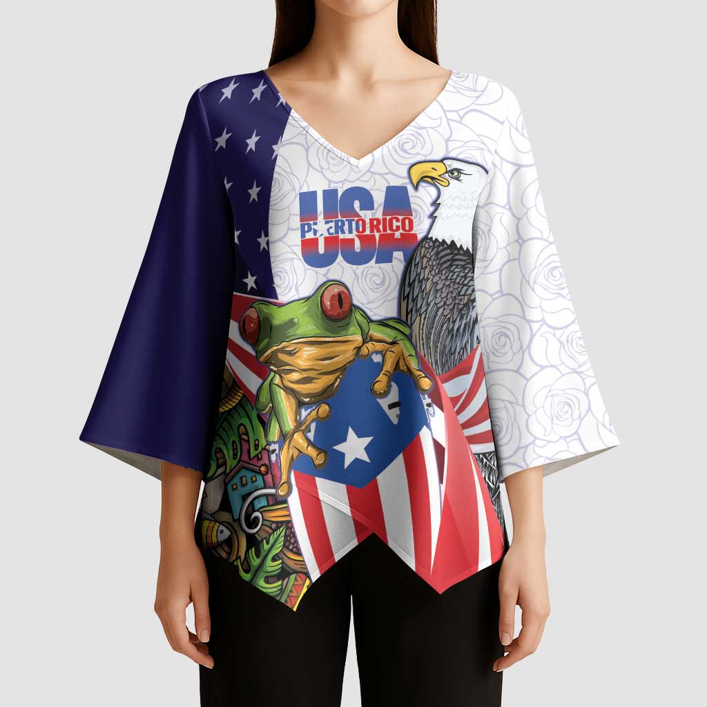 United States Puerto Rico Kimono Sleeve Blouse USA Curve Flag With Coqui Drum - Wonder Print Shop