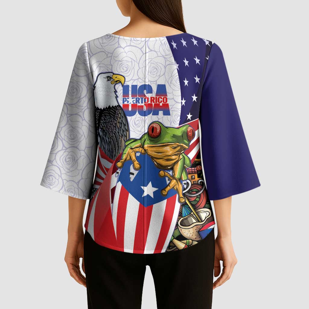 United States Puerto Rico Kimono Sleeve Blouse USA Curve Flag With Coqui Drum - Wonder Print Shop