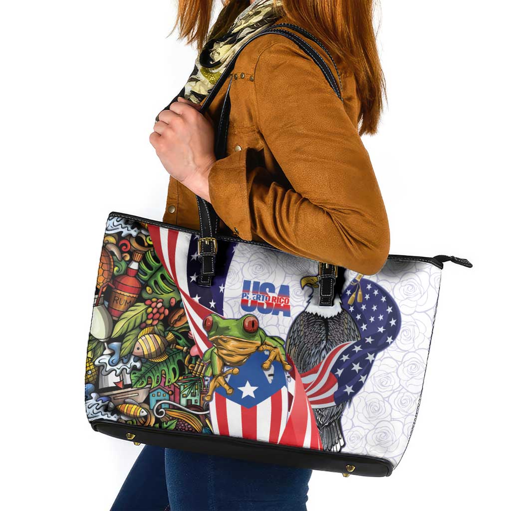 United States Puerto Rico Leather Tote Bag USA Curve Flag With Coqui Drum - Wonder Print Shop