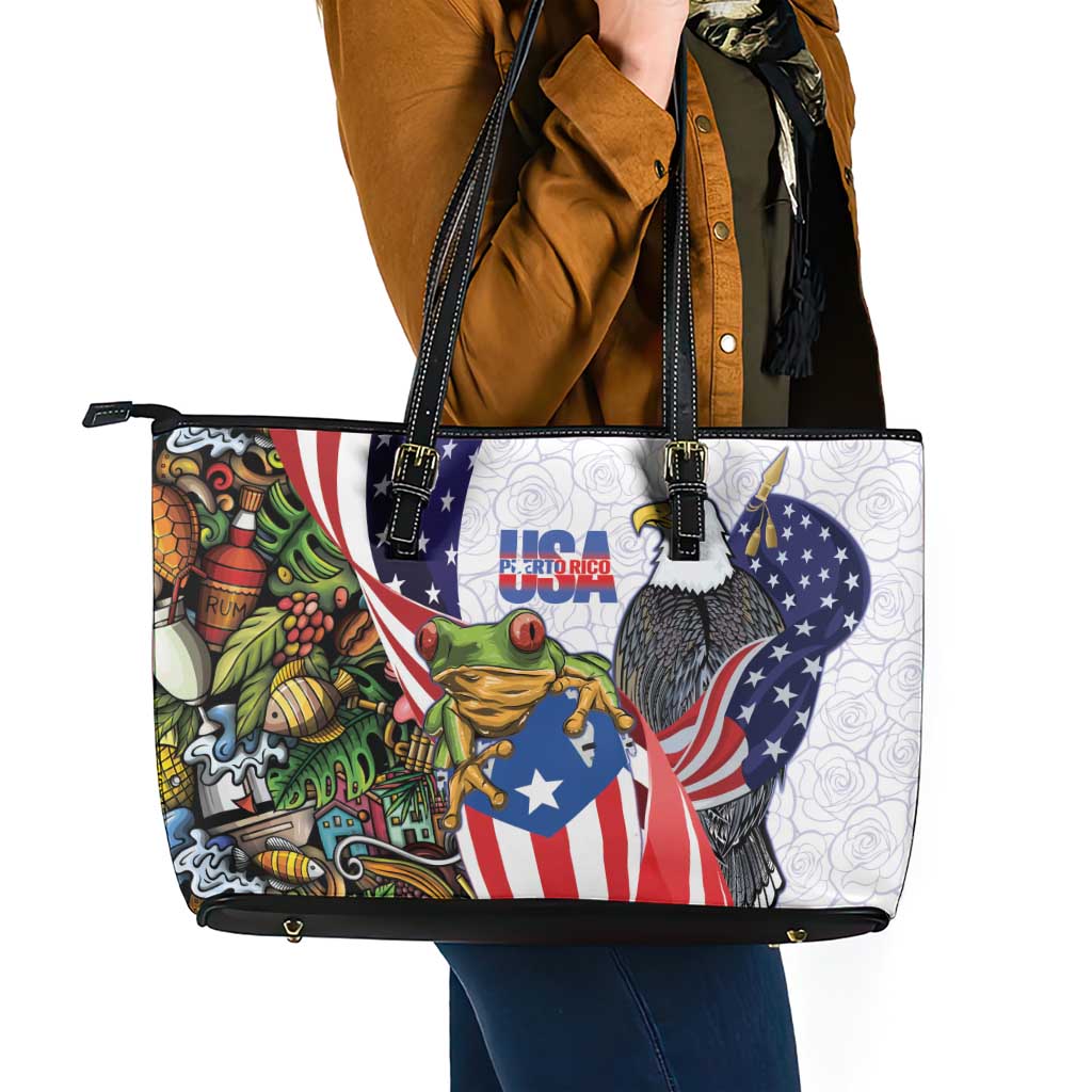 United States Puerto Rico Leather Tote Bag USA Curve Flag With Coqui Drum - Wonder Print Shop