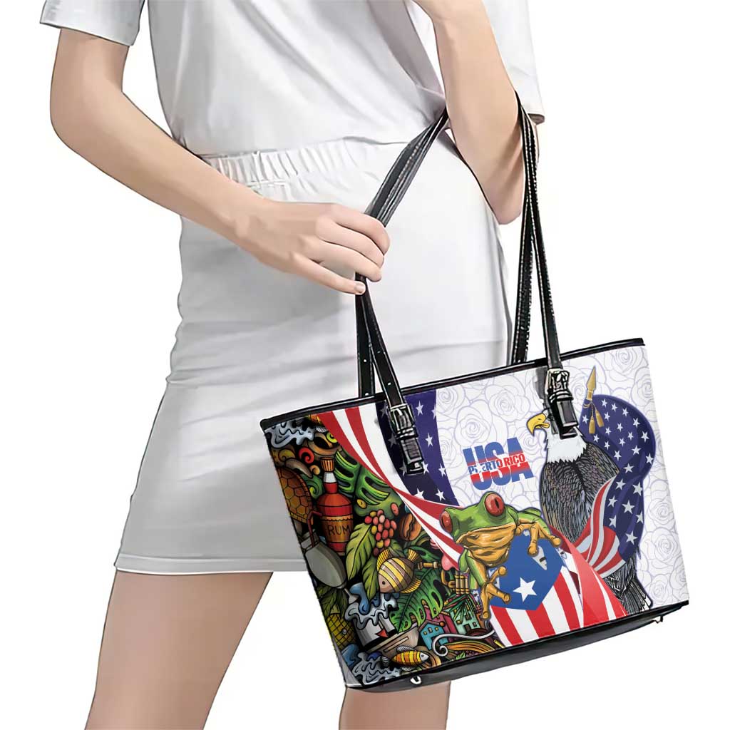 United States Puerto Rico Leather Tote Bag USA Curve Flag With Coqui Drum - Wonder Print Shop