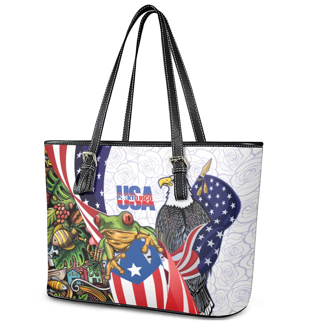 United States Puerto Rico Leather Tote Bag USA Curve Flag With Coqui Drum - Wonder Print Shop